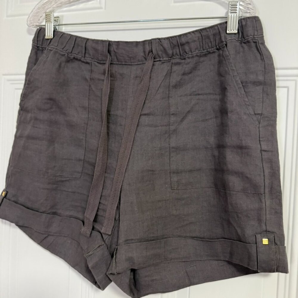 Ellen Tracy Linen Shorts Sz Medium Gray Drawstring Gold Hardware Cuffed Coastal - Picture 5 of 5